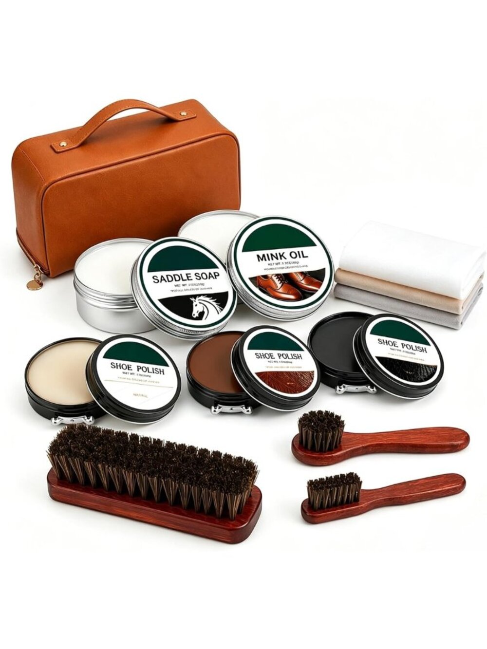 Shoe Polish Kit with Saddle Soap, Mink Oil & 3 Horsehair Brushes - Leather Care